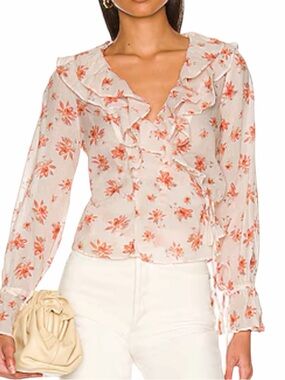 Free People Floral Ruffle Wrap Blouse L NWT Ivory Orange Boho Cottagecore Top
